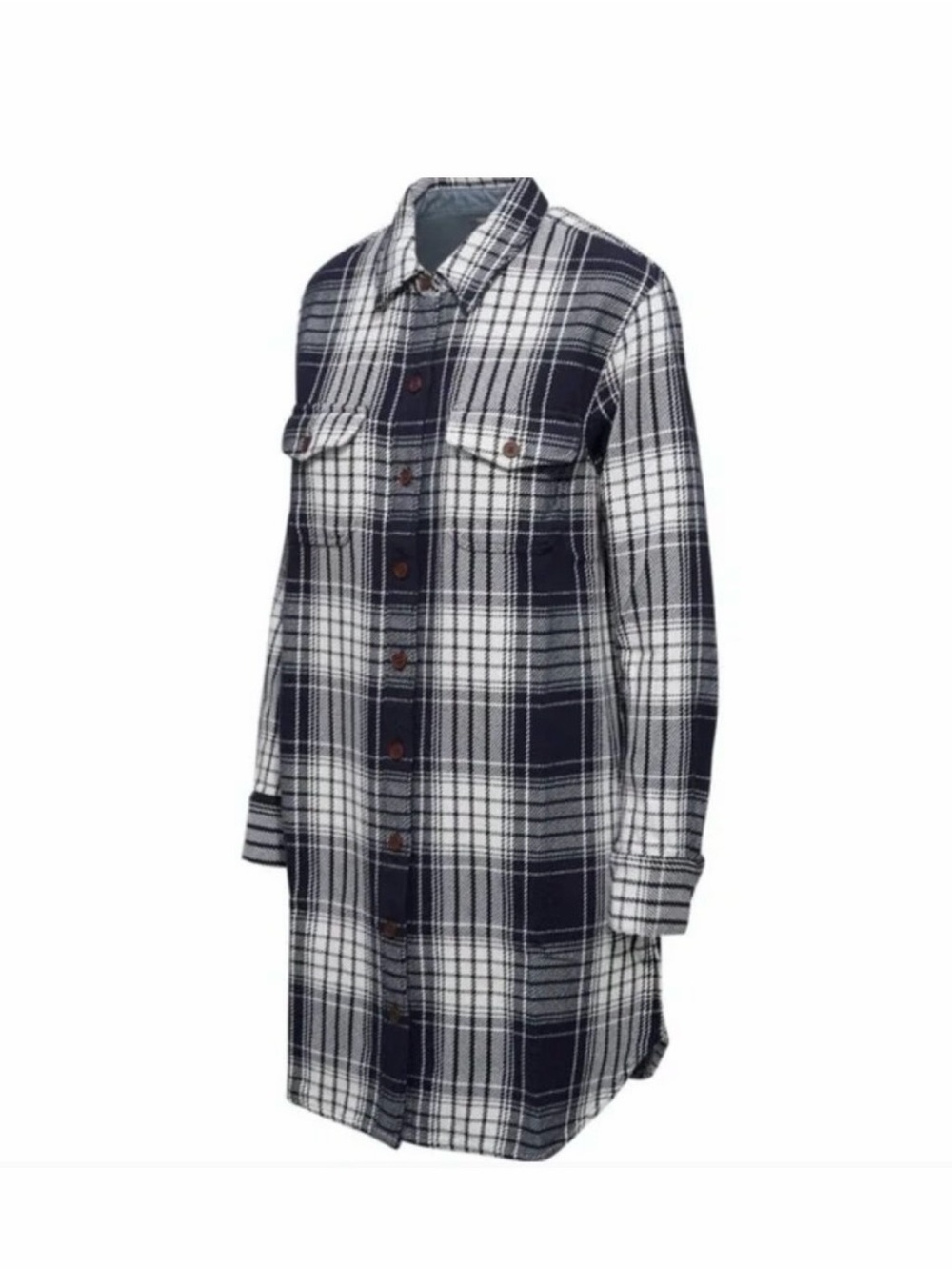 OUTERKNOWN Women's M Blanket Shirt Dress Organic Cotton Twill Blue White Plaid
